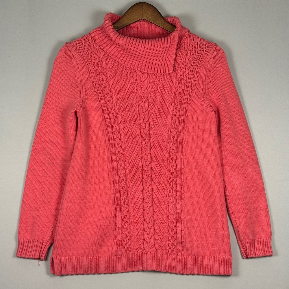 Talbots Cowl Neck Sweater Womens Petite Small Coral Pink NWOT Cable Knit Cotton